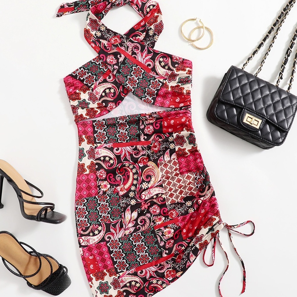 Self Tie Backless Ruched Drawstring Floral & Paisley Print Dress